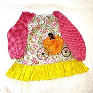 Whimsical Pumpkin Carriage Girls Dress with Pink and Yellow Details